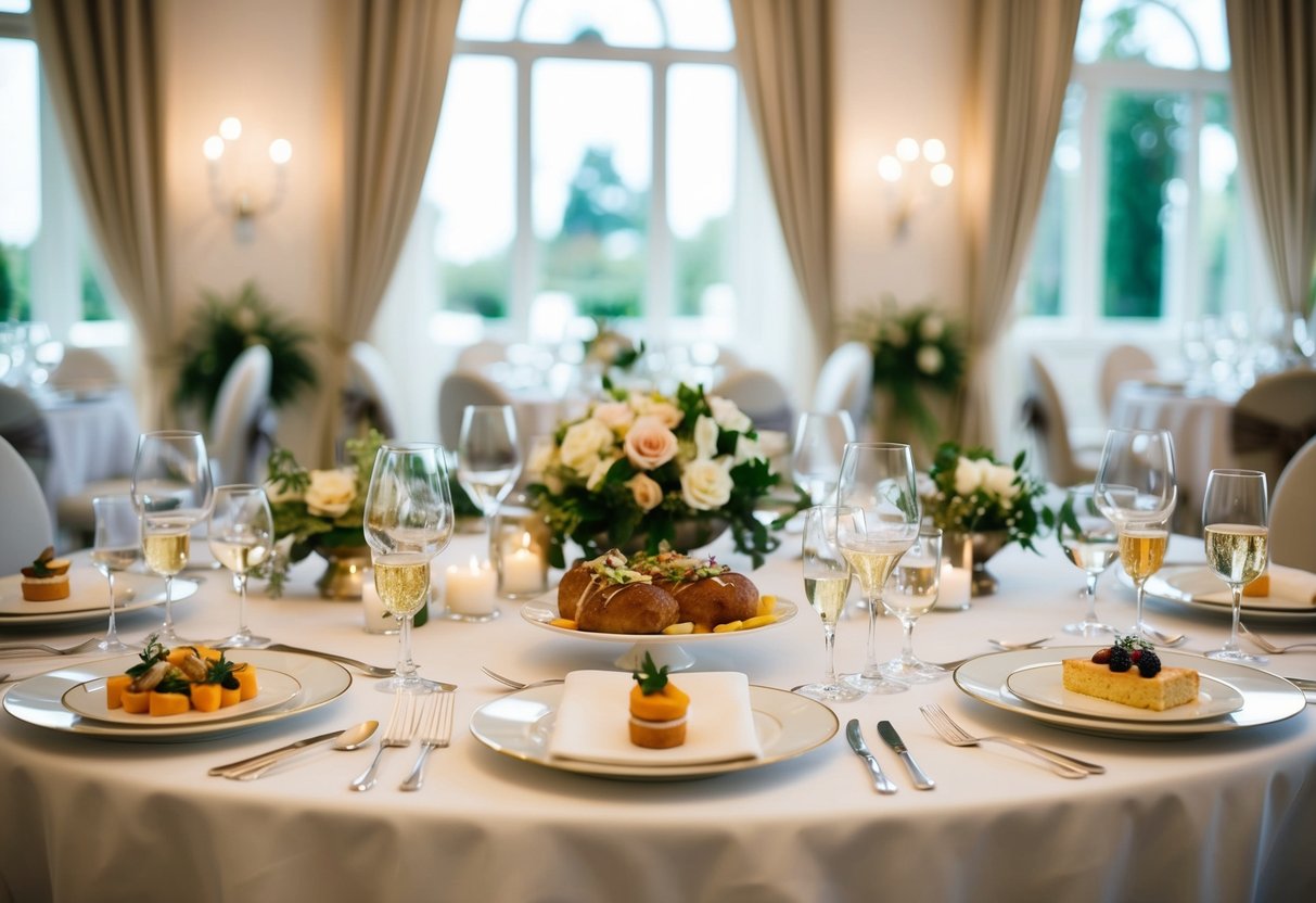 A beautifully set table with three courses: appetizer, main course, and dessert, surrounded by elegant wedding decor