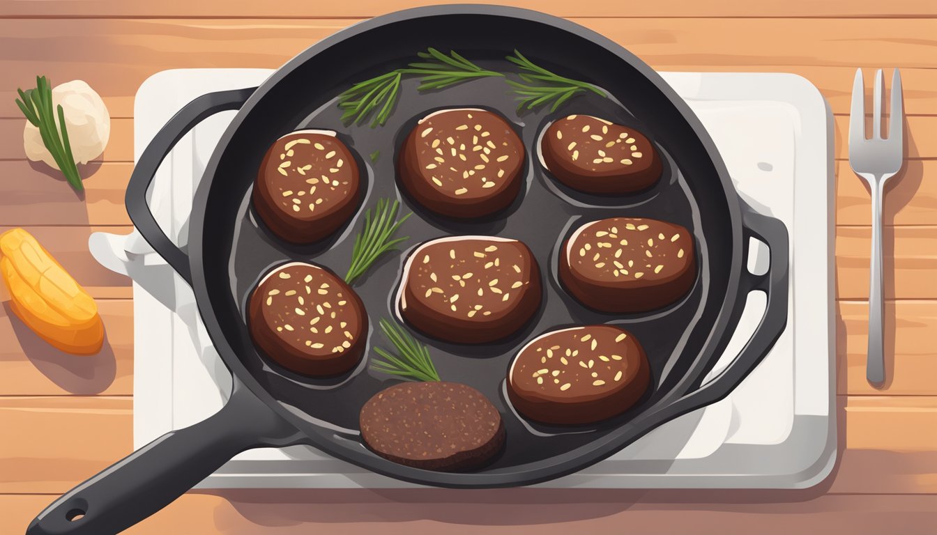 A skillet sizzling with reheating blood sausage over medium heat