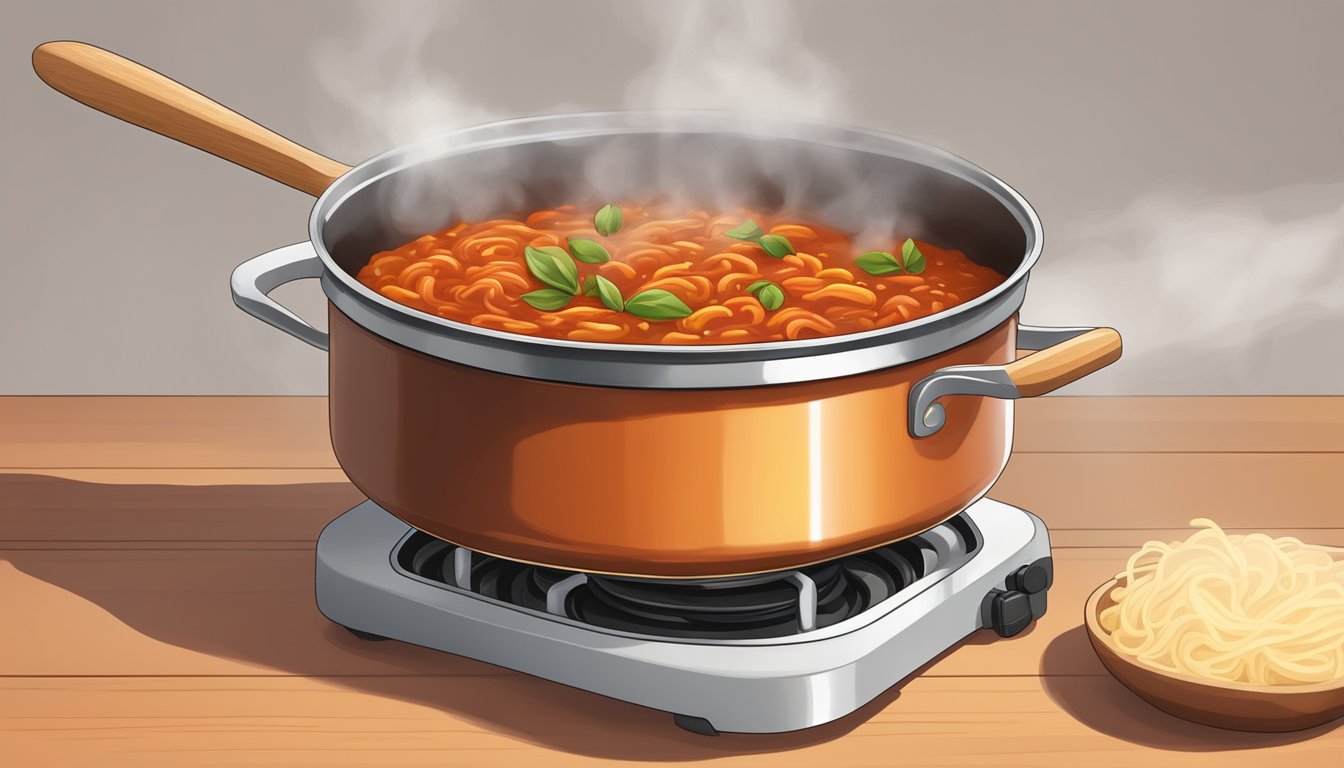 A pot of Bolognese sauce simmering on a stovetop, steam rising, with a wooden spoon stirring the rich, meaty sauce