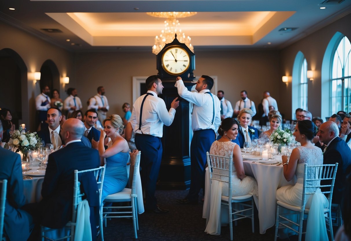 A clock striking midnight as a wedding venue begins to empty out, with guests looking tired and ready to leave