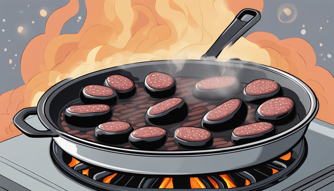 A plate of blood sausage being reheated in a skillet over a stovetop, with steam rising from the sizzling sausages