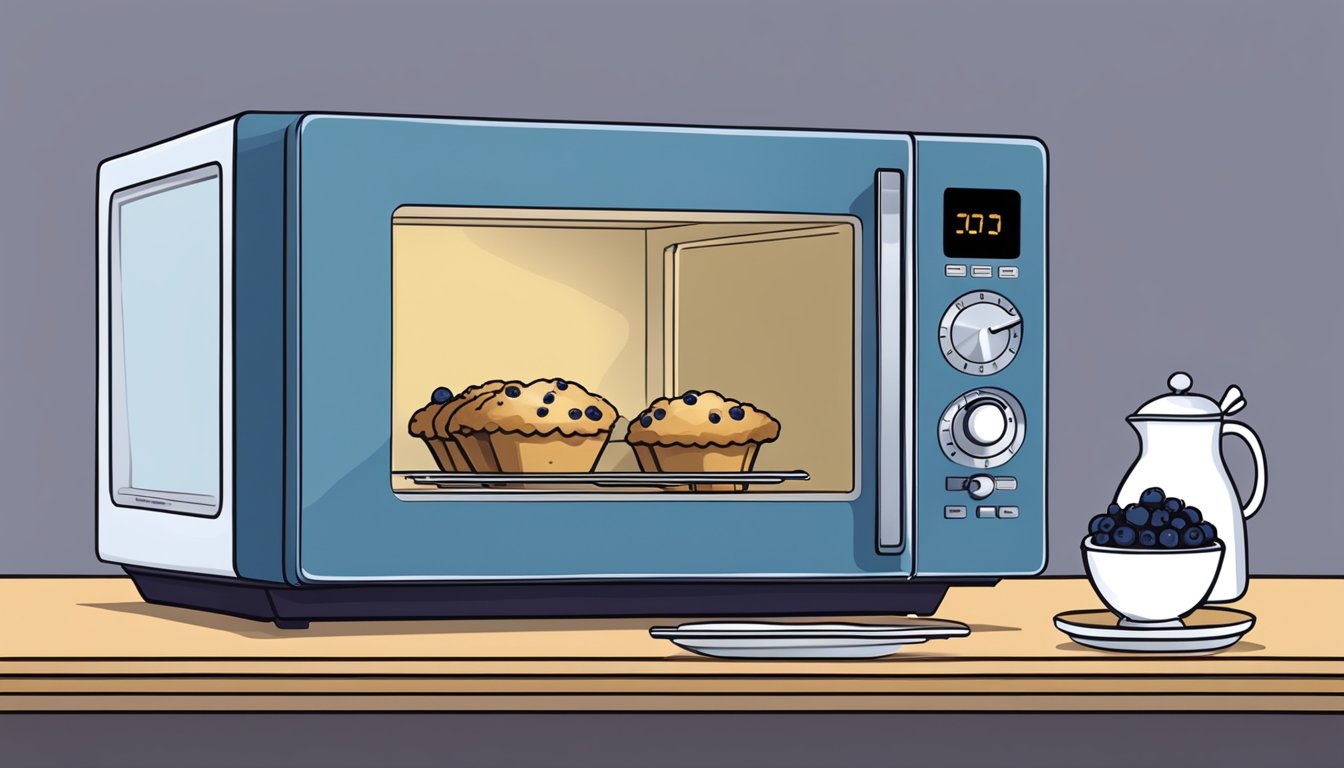 A microwave with a plate of blueberry muffins inside, a fork beside it, and a timer set for reheating