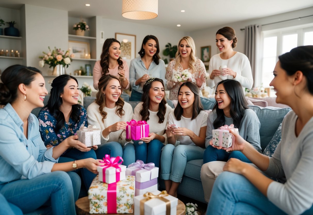 A group of friends gather in a cozy living room, surrounded by decorations and gifts for a bridal shower. Laughter and conversation fill the air as they celebrate the upcoming wedding