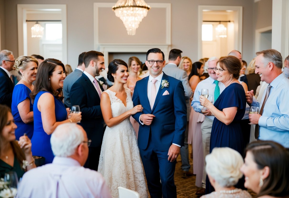 Guests mingle, chatting and laughing, as a couple stands at the center of the room, surrounded by loved ones