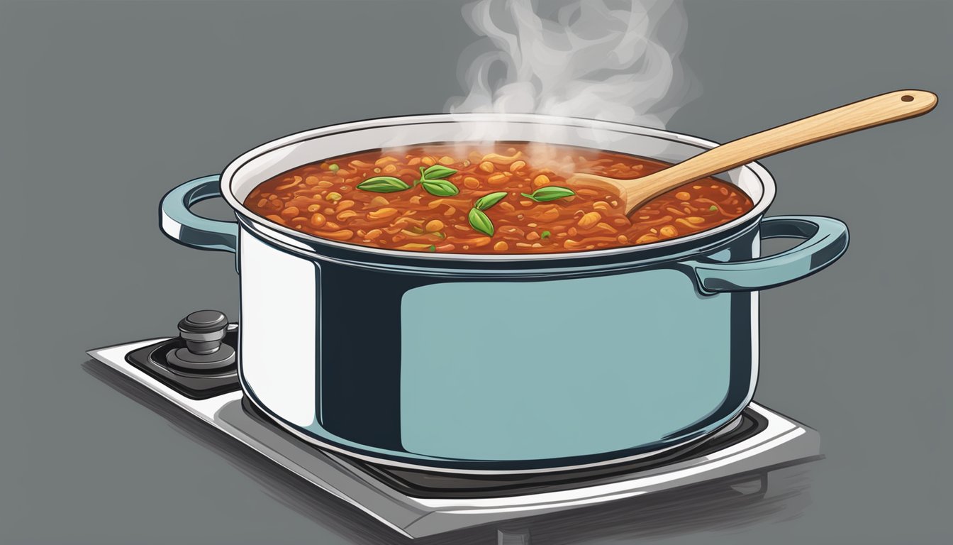 A pot of bolognese sauce simmering on a stovetop, steam rising, with a wooden spoon resting on the edge