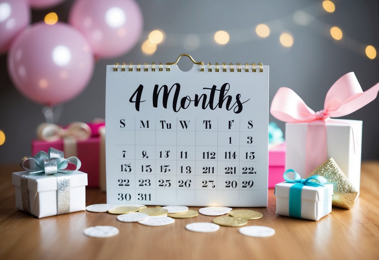 A calendar with a wedding date 4 months away, surrounded by bridal shower decorations and gifts