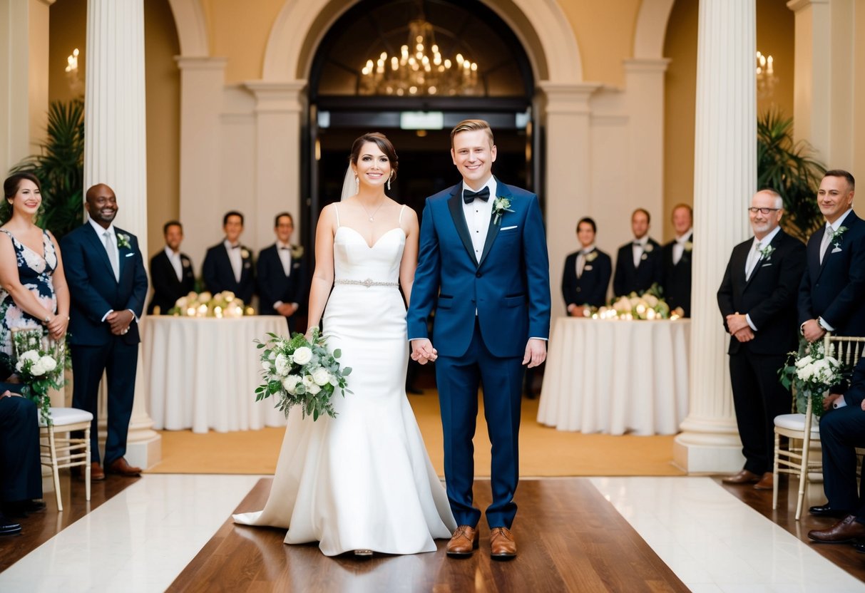 A couple stands at the entrance of a grand reception hall, smiling as they are announced and welcomed by the host
