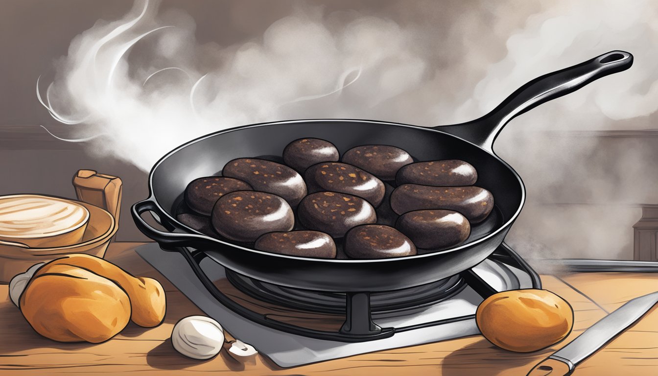 A cast-iron skillet sizzles as blood sausage is gently reheated over a gas flame. Wisps of steam rise as the rich aroma fills the kitchen