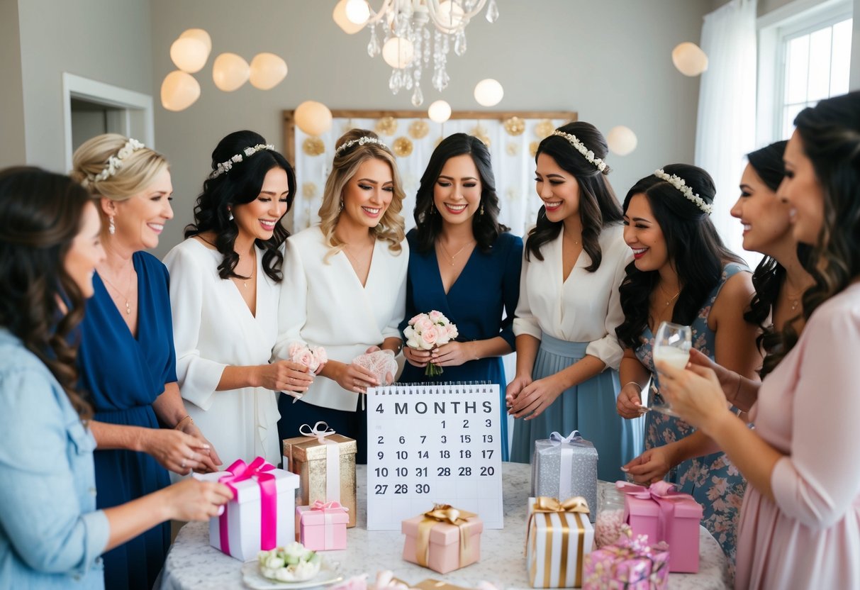 A group of women gather around a table filled with bridal shower decorations, gifts, and a calendar showing the wedding date 4 months away