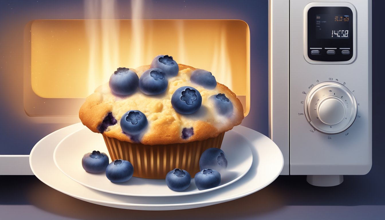 A blueberry muffin is being reheated in a microwave on a plate, with steam rising from the warm pastry