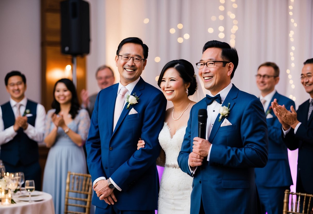 Parents stand together, smiling, as they are announced and welcomed by the emcee at the wedding reception. Guests applaud in the background