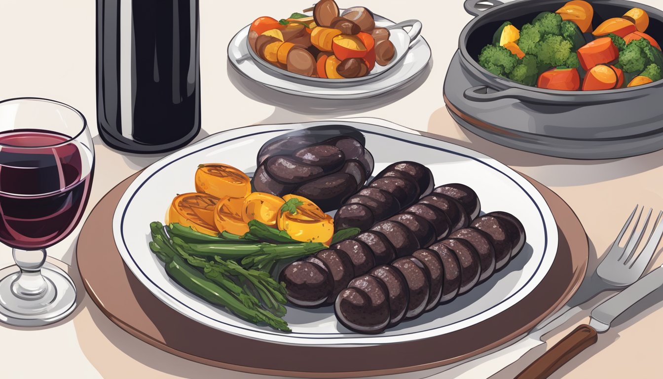 A plate of blood sausage being reheated in a skillet, with a side of grilled vegetables and a glass of red wine