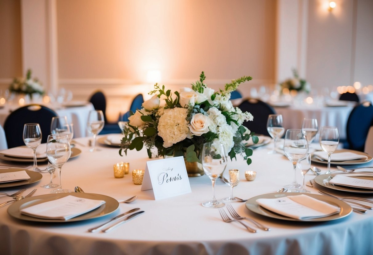 A round table with elegant place settings and name cards for parents at a wedding reception