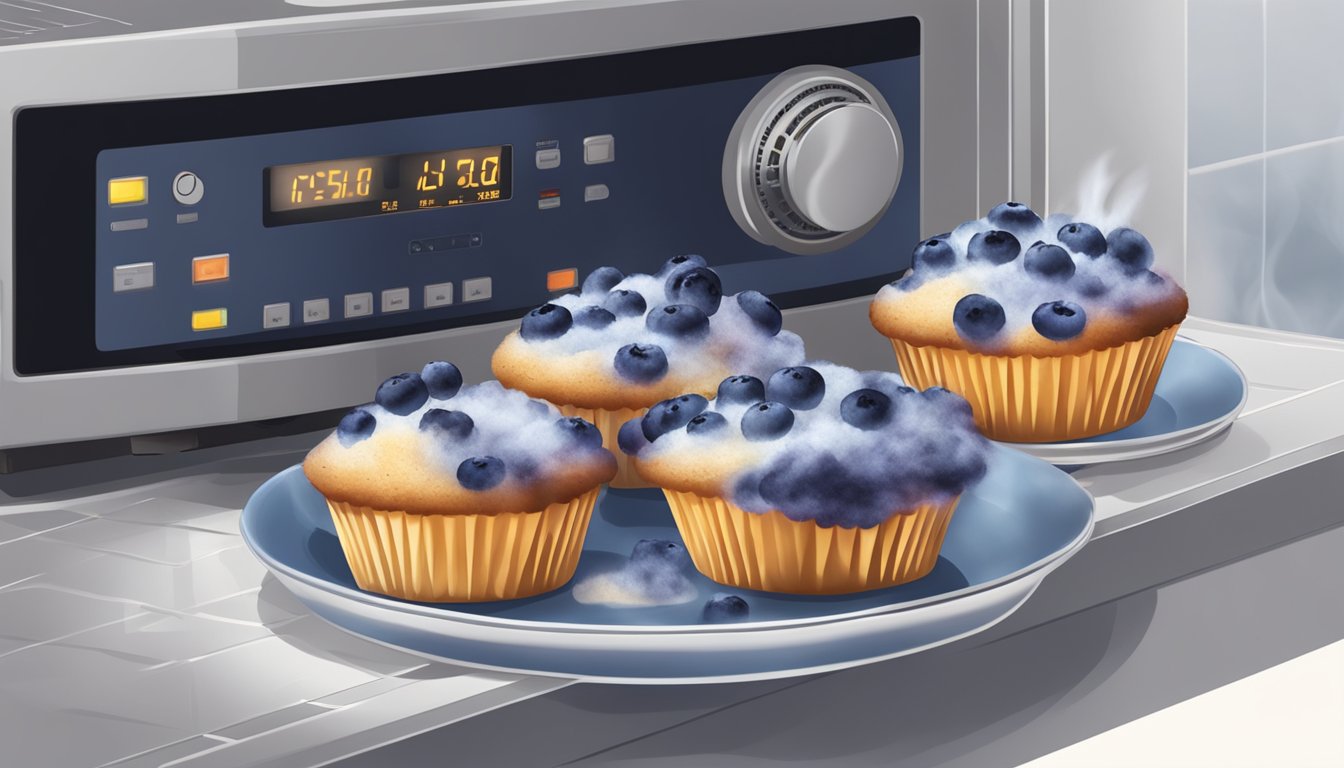 A plate of blueberry muffins being placed in a microwave, with steam rising as they are being reheated