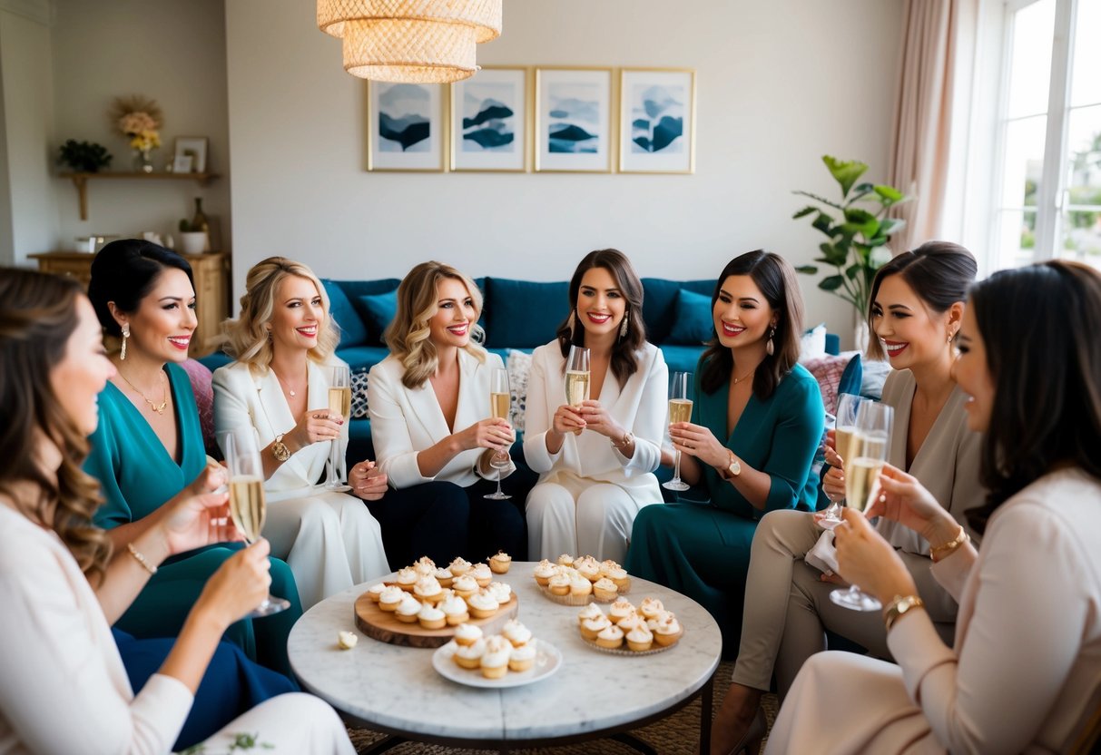 A group of women gather in a cozy living room, sipping on champagne and nibbling on delicate pastries as they discuss wedding plans and play bridal shower games