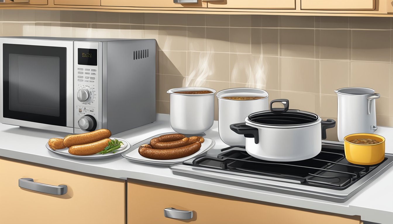 A microwave and stovetop with a pot of simmering water, a skillet, and an oven with a baking sheet and boudin blanc sausage