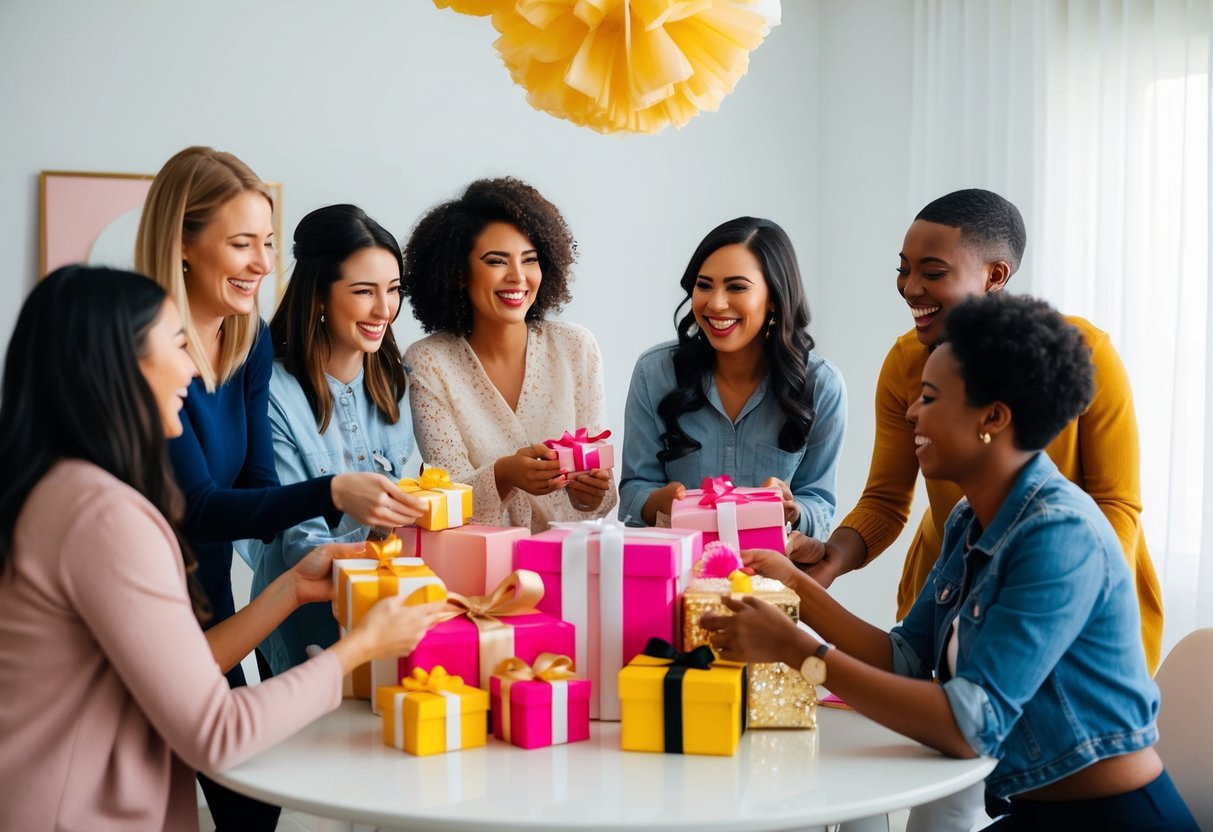 A group of friends gathered around a table, passing gifts and laughing at a bridal shower