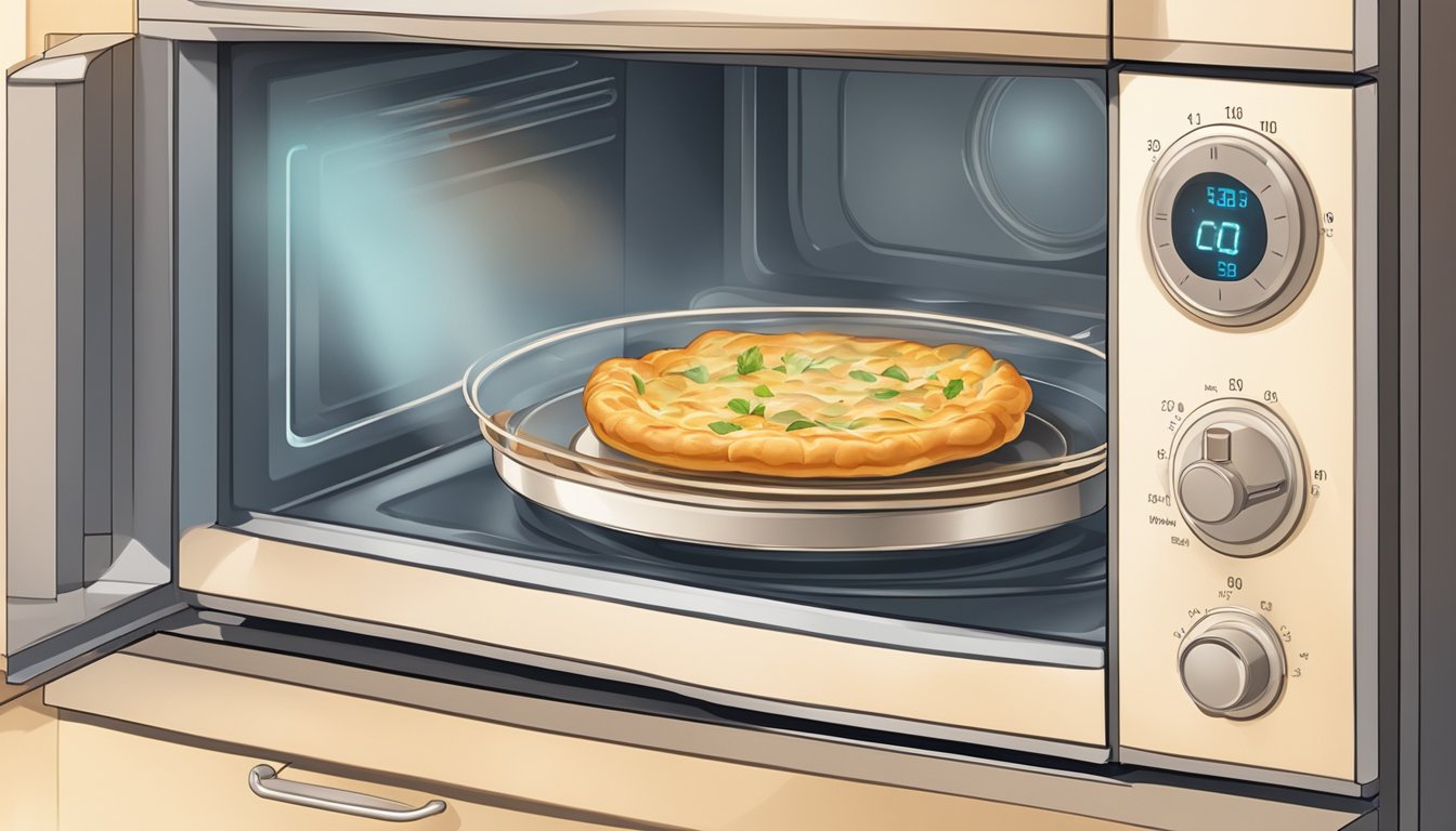 A plate of borek sits in a microwave, with the door closed and the timer set, as the warm glow of the microwave illuminates the kitchen