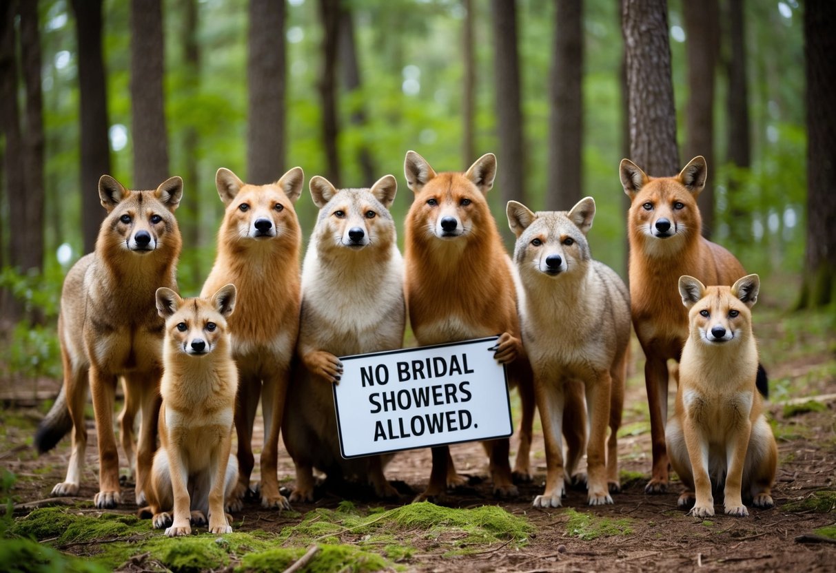 A group of male animals gathered in a forest, holding a sign that reads "No Bridal Showers Allowed."