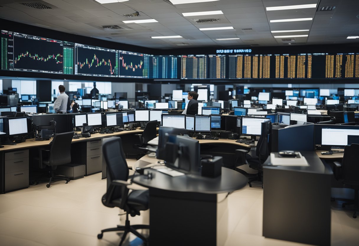 A bustling trading floor with oil price charts, traders on phones, and computer screens displaying Brent Crude data