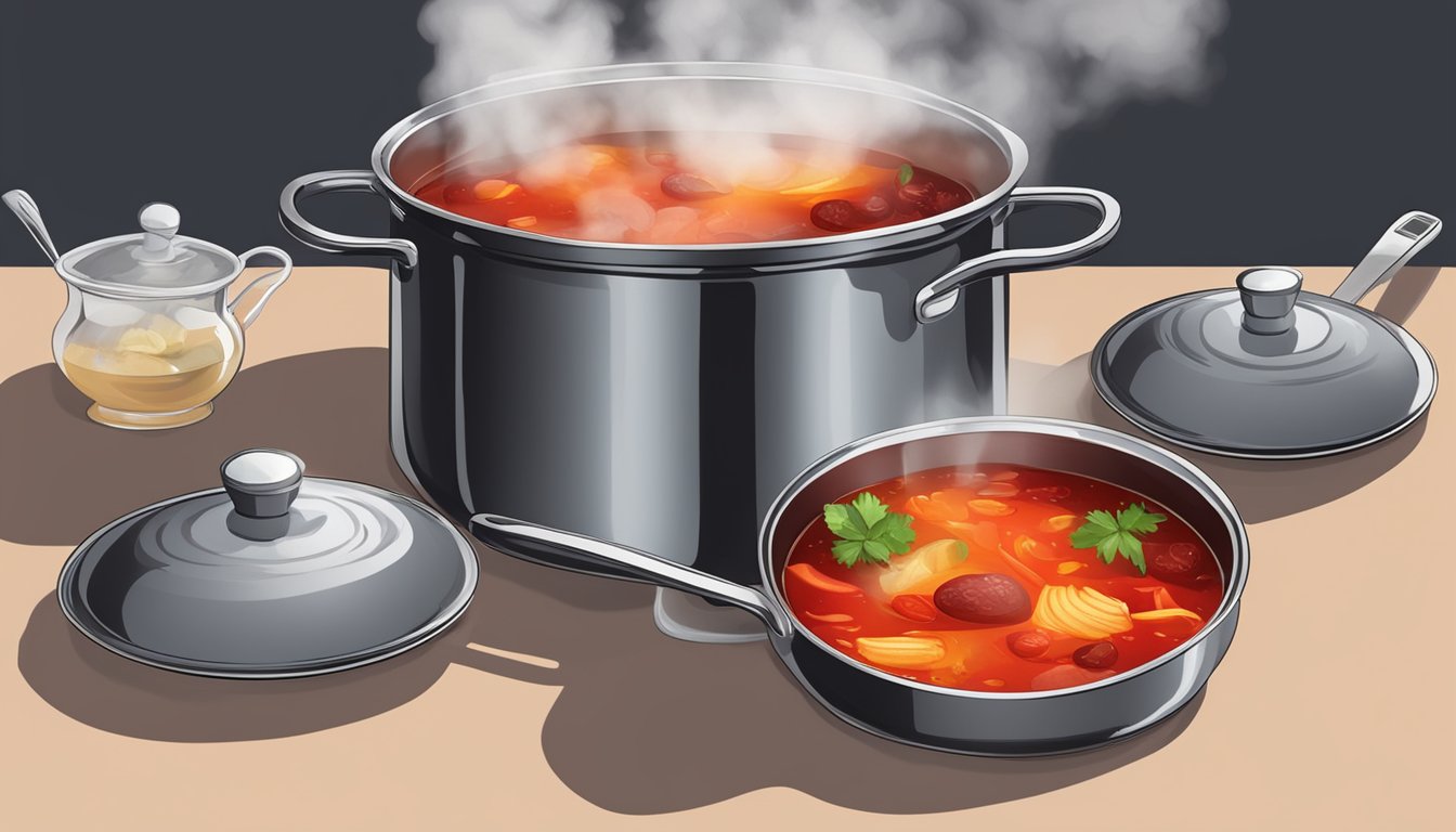 A pot of borscht simmering on a stovetop, steam rising from the rich, red broth, with a ladle resting on the side