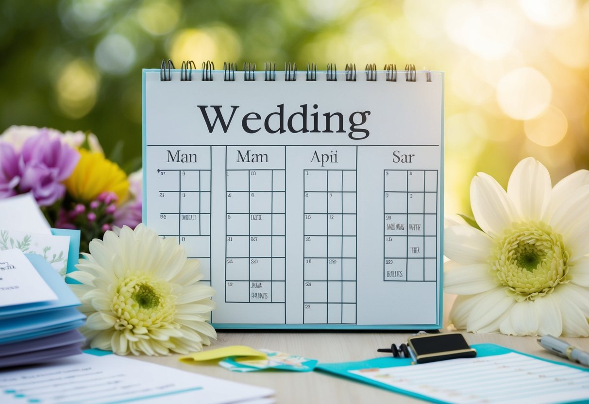 A calendar with the date of the wedding marked 3 months in advance, surrounded by planning materials like invitations, flowers, and a checklist