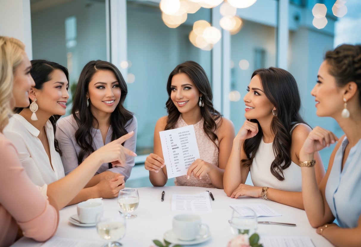 A group of friends discussing bridal shower etiquette, with one person gesturing towards a list of names while others shake their heads