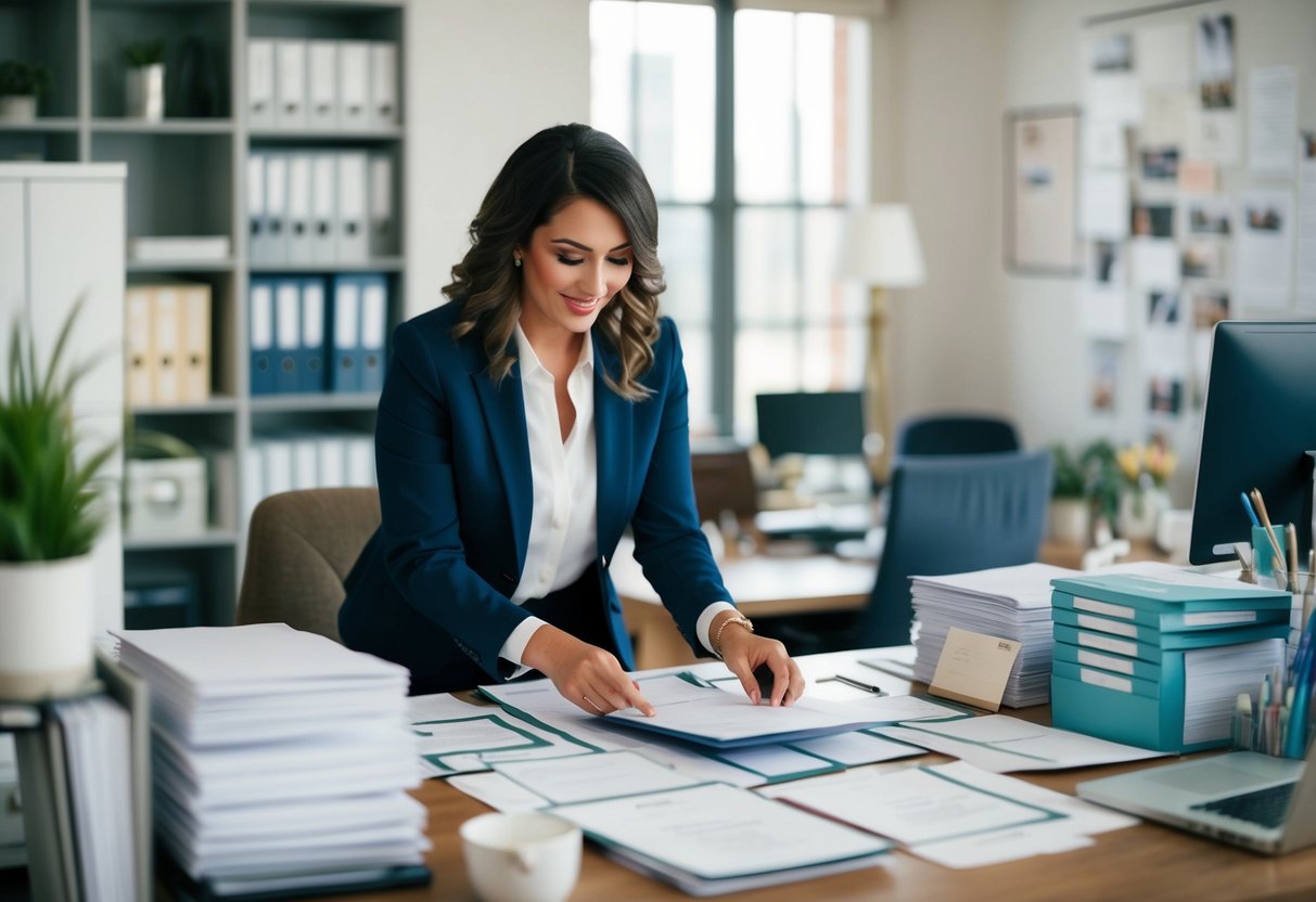 A busy wedding planner organizing invitations, booking vendors, and finalizing details in a cluttered office