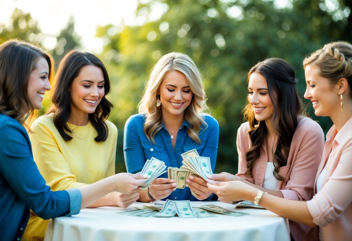 A group of friends pooling money together for a bridal shower, with each person contributing to cover the costs