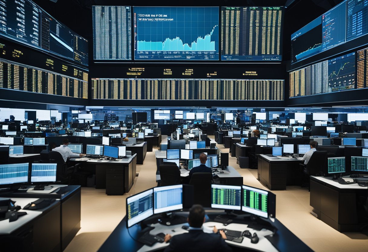 A bustling trading floor with multiple computer screens displaying oil prices, charts, and market trends. Traders are engaged in discussions and analyzing data