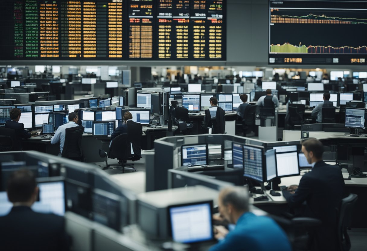 A bustling trading floor with traders analyzing data and making deals for Brent Crude oil