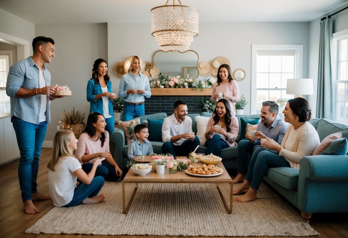 A group of friends and family members gathered in a cozy living room, chatting and laughing while preparing decorations and food for a bridal shower