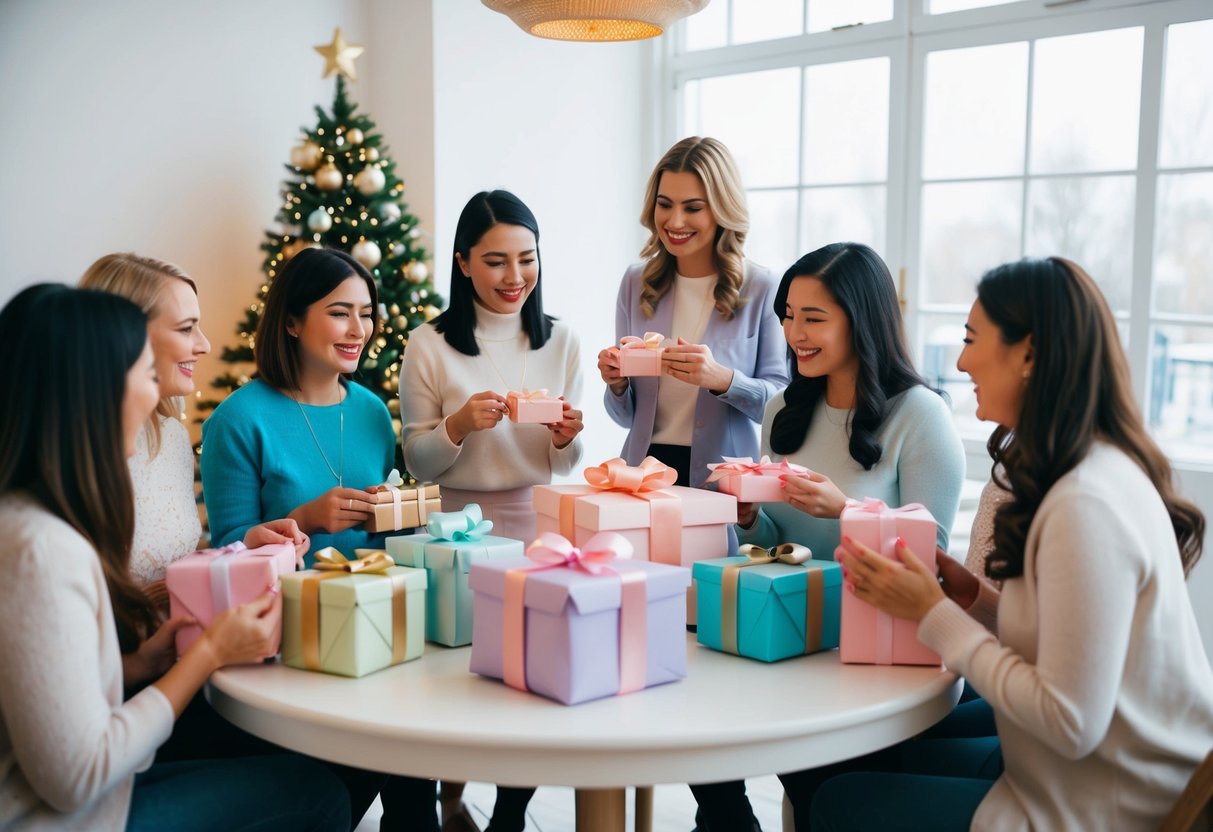 A group of women gathered around a table, sipping tea and chatting, while opening gifts wrapped in pastel colors