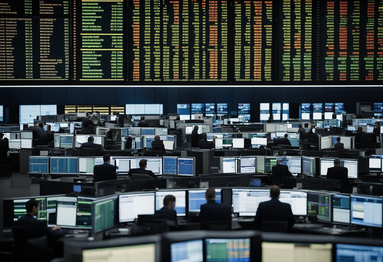 A bustling trading floor with multiple screens displaying live Brent Crude oil prices and option chains. Traders analyzing data and discussing strategies