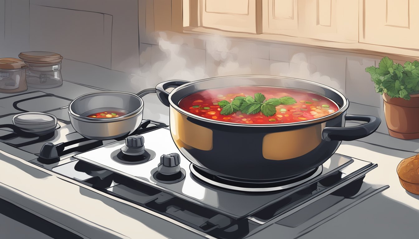 A steaming bowl of borscht being reheated on a stovetop