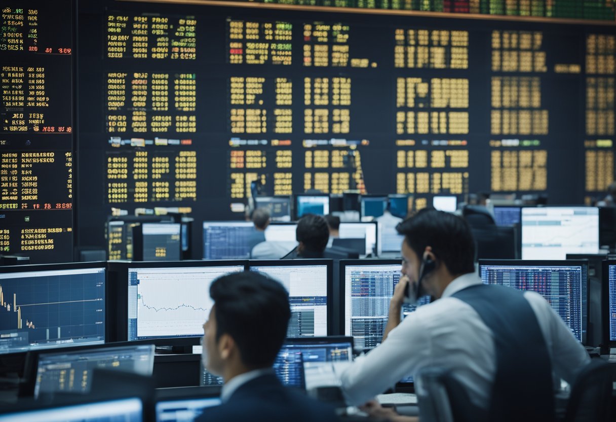 A bustling trading floor with multiple screens displaying oil price charts and traders conversing on phones, while others analyze data and strategize