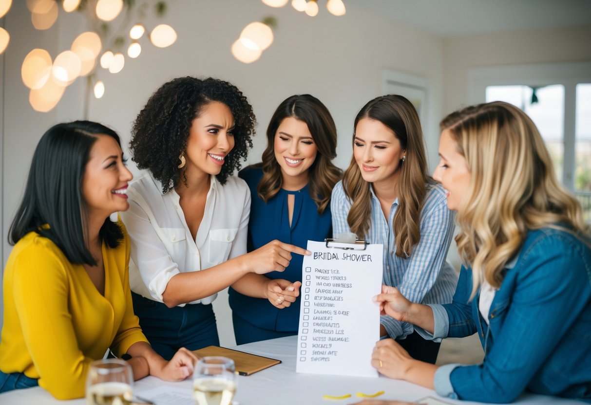 A group of friends happily planning a bridal shower, with one person looking disapprovingly at a list of names crossed out