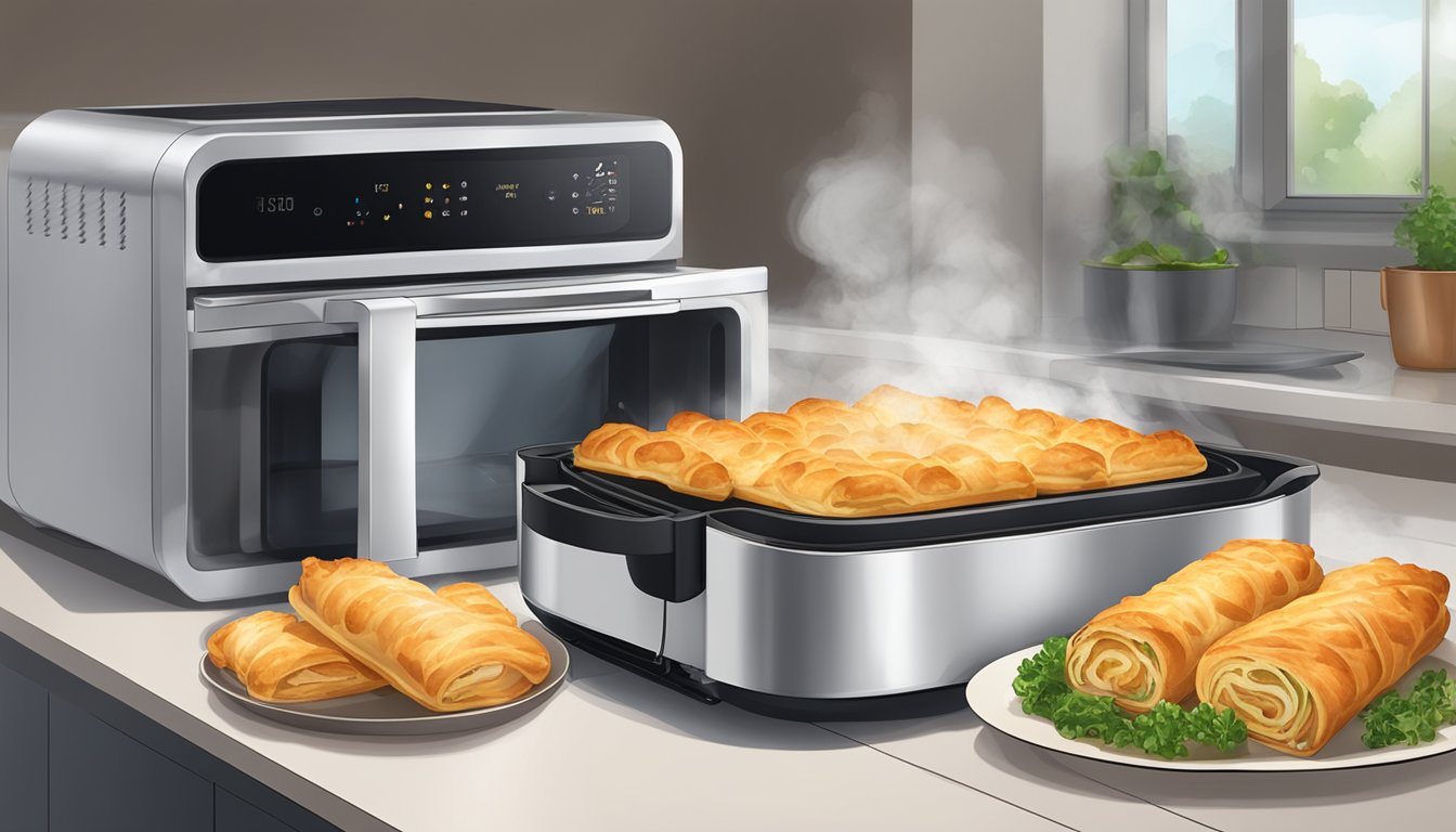 A plate of borek sitting in an air fryer, surrounded by a microwave and oven, with steam rising from the air fryer