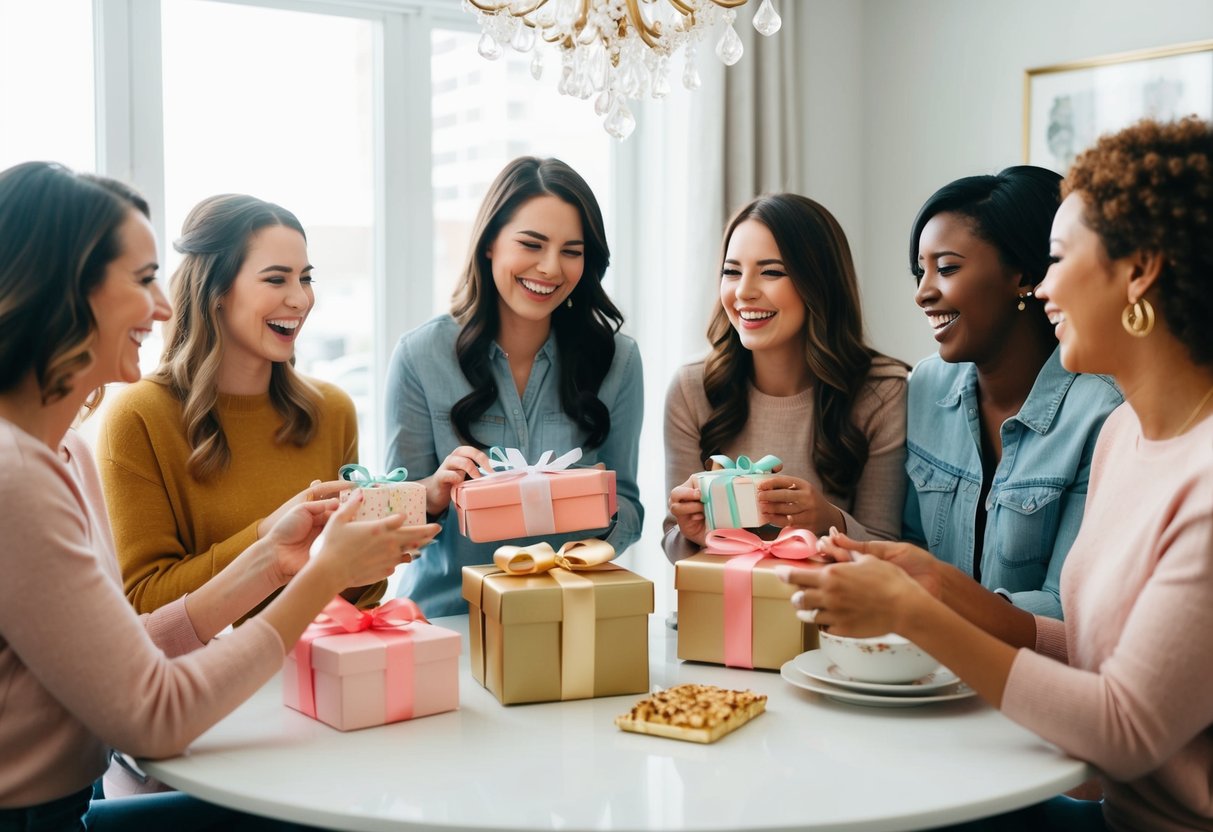 A group of friends gather around a table, exchanging gifts and sharing laughter at a bridal shower