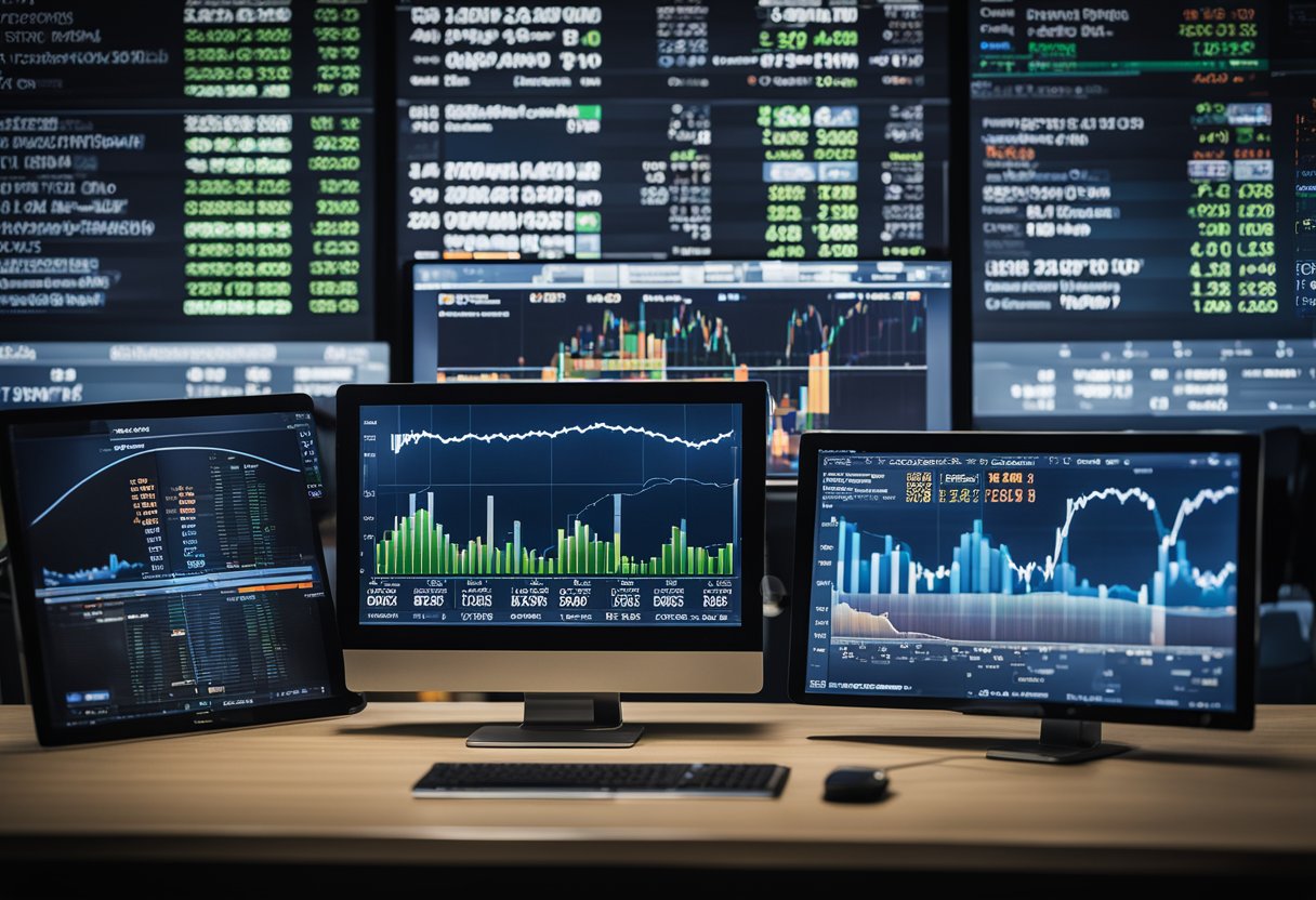 A computer screen displaying fluctuating Brent Crude oil prices, surrounded by financial charts and graphs