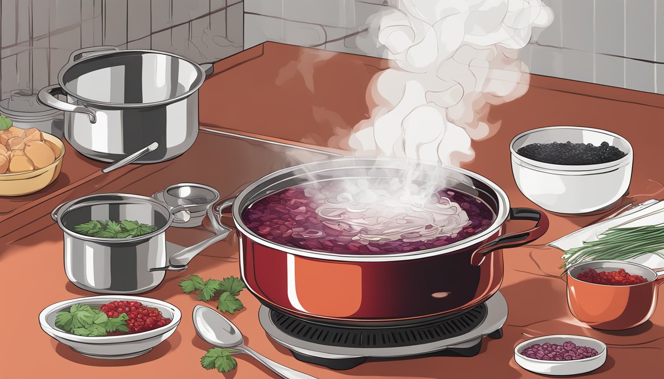 A pot of borscht simmering on a stovetop, steam rising and rich red color. Ladle and bowls nearby