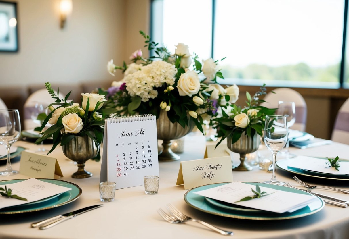A table set with wedding invitations, centerpieces, and place cards. Flowers and decorations being arranged. A calendar showing the date three months before the wedding