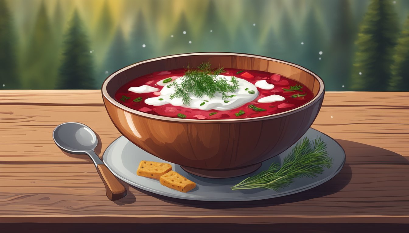 A bowl of reheated borscht with a dollop of sour cream and a sprinkle of fresh dill, served on a rustic wooden table