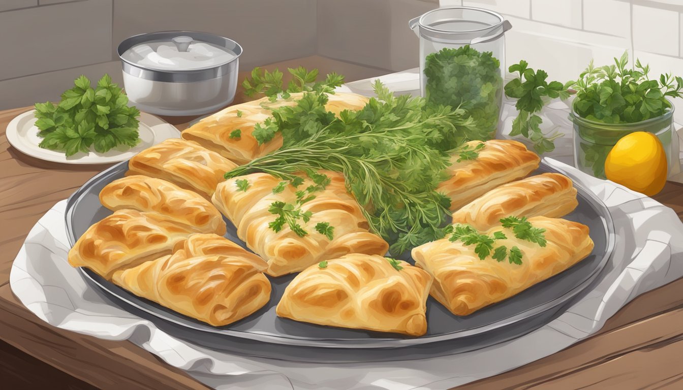 A platter of freshly baked borek arranged with herbs and airtight containers for storing and preserving