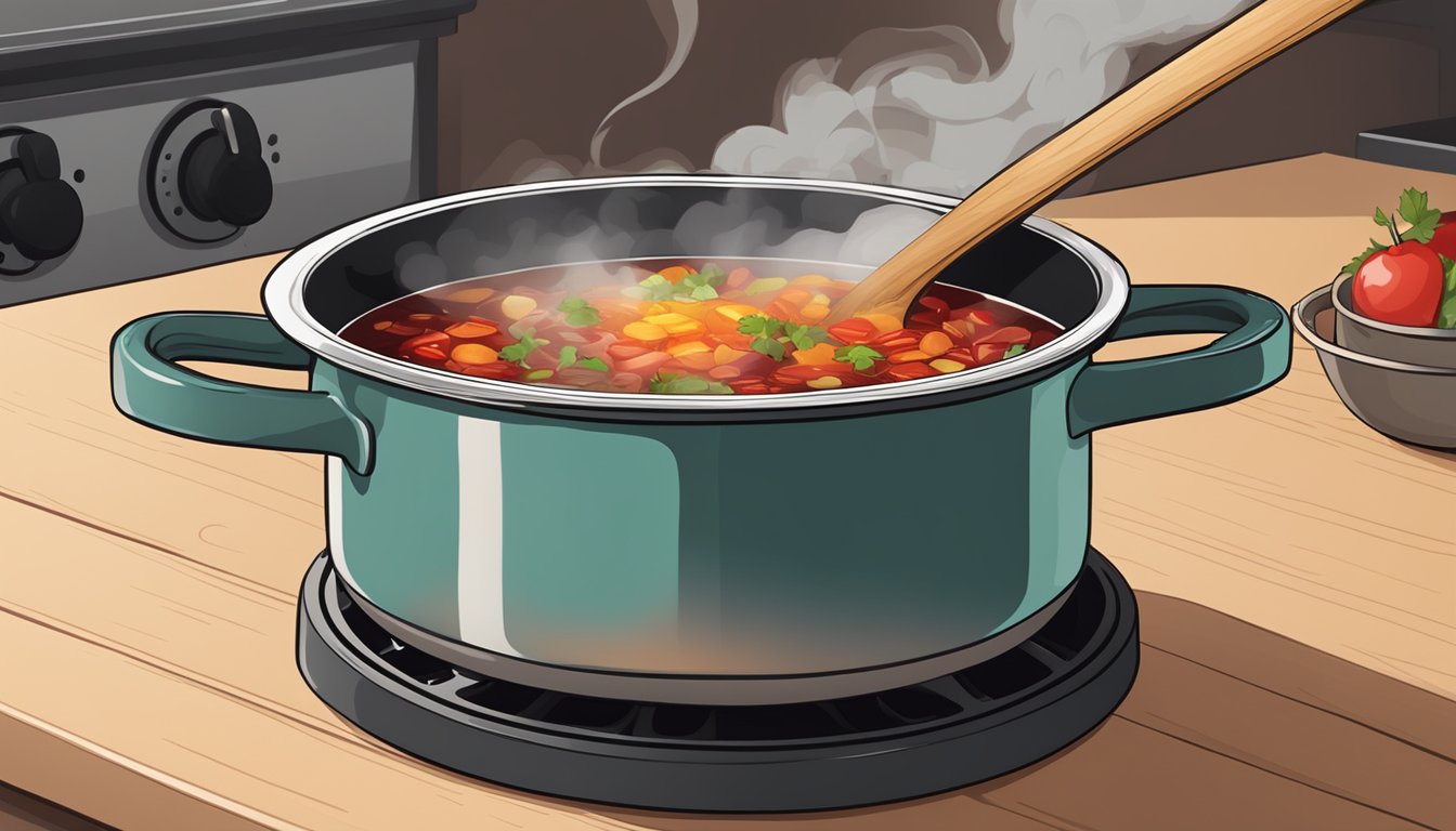 A pot of borscht being reheated on a stovetop, steam rising, with a wooden spoon resting on the edge