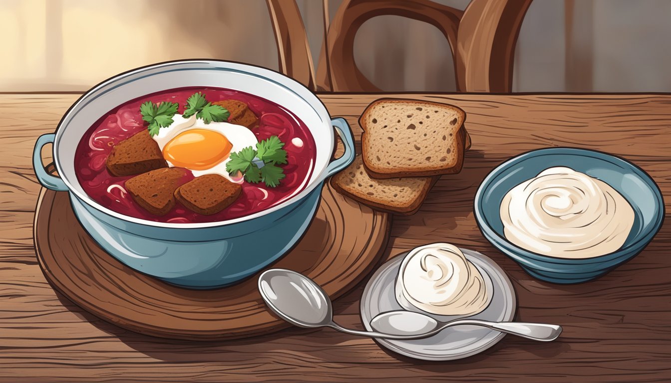 A steaming bowl of borscht sits next to a plate of hearty rye bread and a dollop of sour cream, all arranged on a rustic wooden table