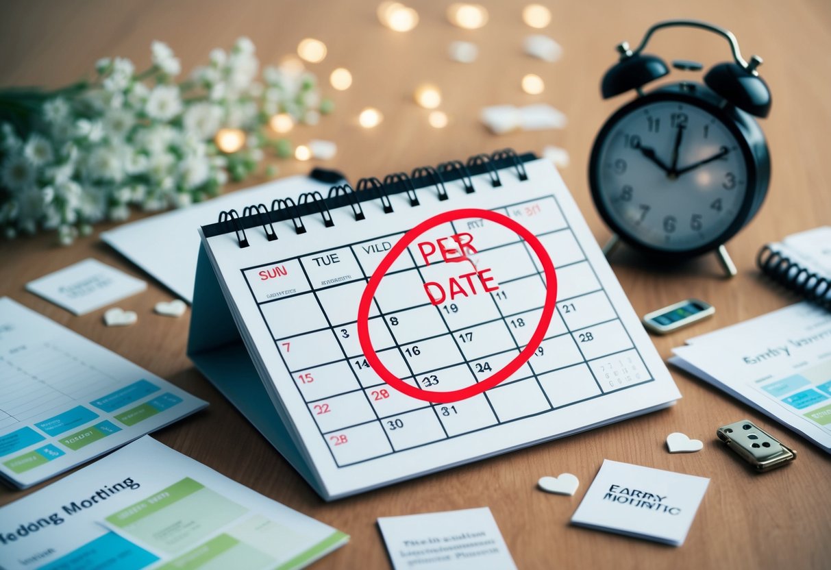 A calendar with a wedding date circled in red, surrounded by scattered wedding planning materials and a clock showing an early morning hour