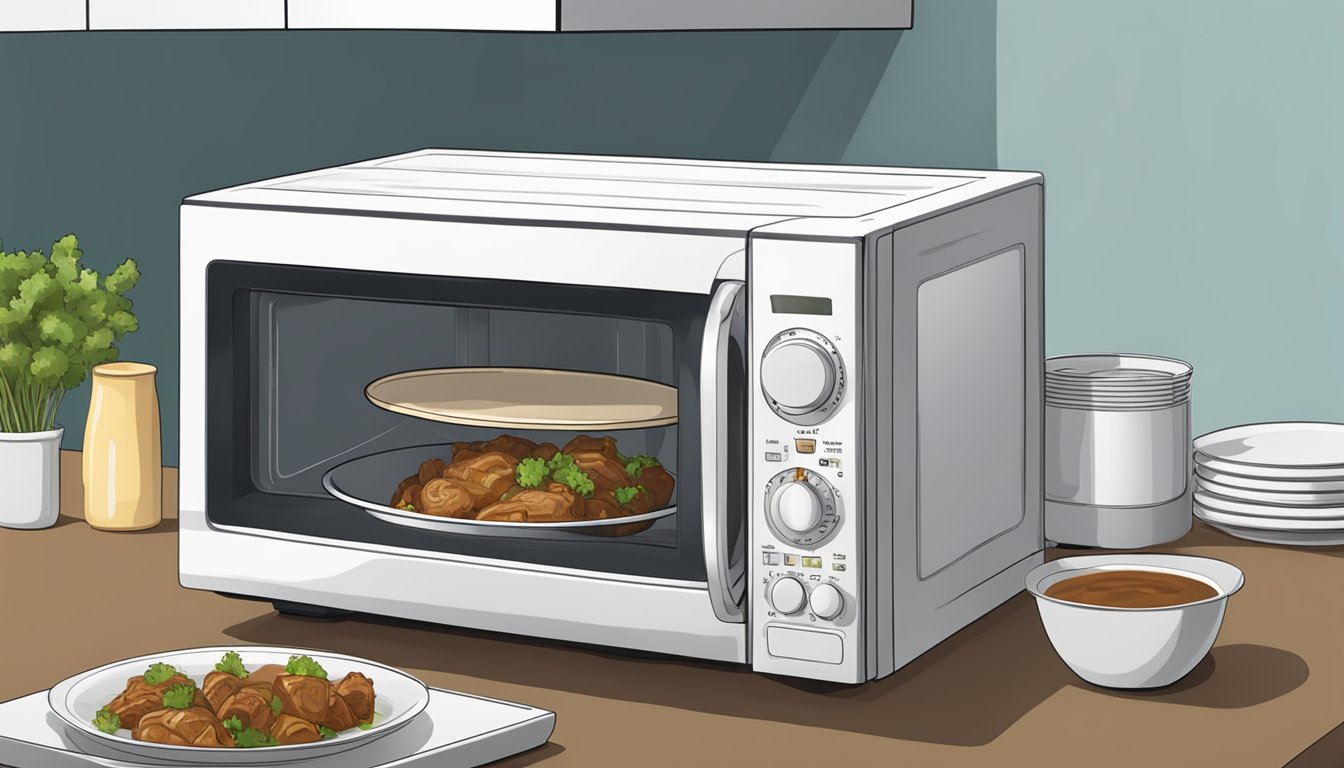 A microwave with a plate of braised lamb shanks inside, with a microwave-safe cover on top to ensure safe and effective reheating