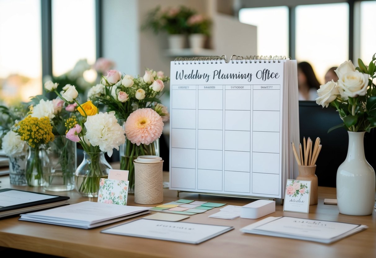 A bustling wedding planning office with a calendar set to 12 weeks, filled with flowers, fabric swatches, and invitation samples