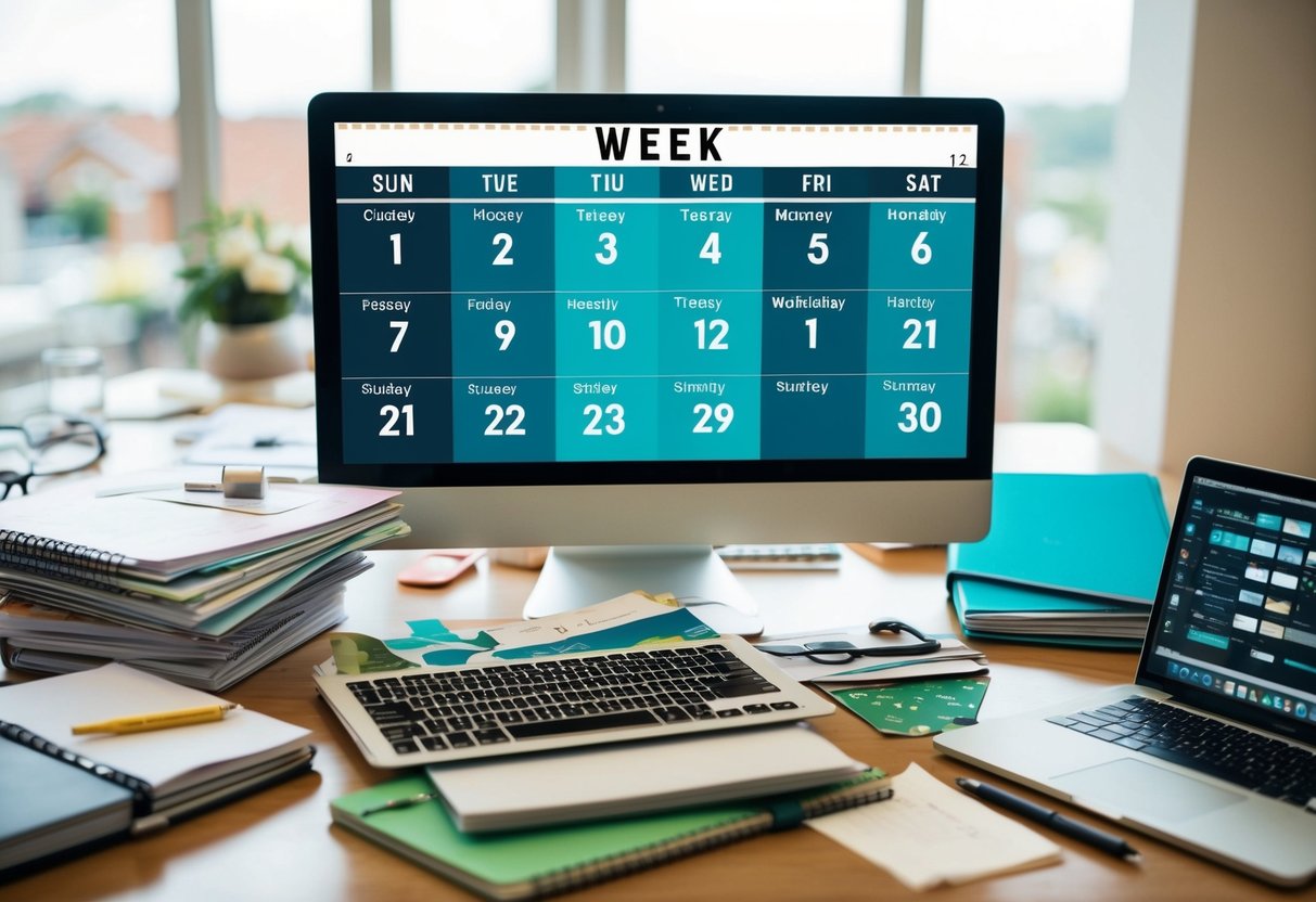 A cluttered desk with a calendar showing 12 weeks, surrounded by wedding magazines, notebooks, and a laptop with planning software open